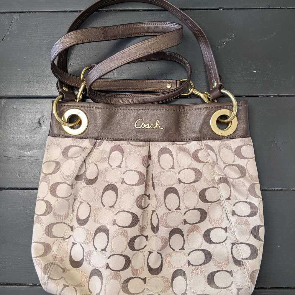 Coach Ashley Tri Metallic F20265 Khaki Signature Jacquard/Leather Shoulder Bag